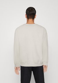 Sudadera de cuello redondo gris claro con mangas largas, puños y dobladillo acanalados, hecha de tela suave, vista desde atrás sobre un fondo simple.