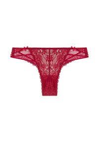 Tanga de encaje rojo con estampados florales, bordes festoneados y tirantes finos. Presenta pequeños lazos a cada lado para un detalle adicional.