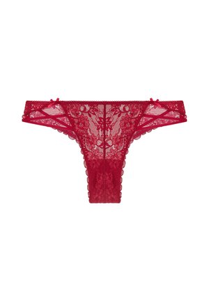 Rote Spitzenstring-Tanga mit Blumenmustern, gewellten Kanten und schmalen Trägern. Mit kleinen Schleifen an beiden Seiten für zusätzlichen Detail.