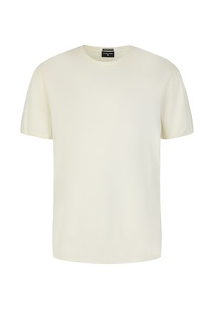 T-shirt a maniche corte, con scollo rotondo, in morbido tessuto di colore crema chiaro, con una texture liscia e una vestibilità rilassata. Nessun motivo o accento visibile.