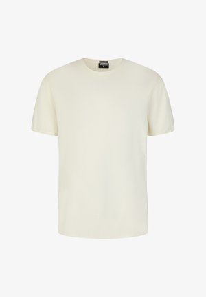 Kurzärmliges, Rundhals-T-Shirt aus weichem, leichtem Creme-Stoff mit glatter Oberfläche und lockerer Passform. Keine sichtbaren Muster oder Akzente.