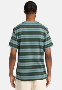 Short-sleeve T-shirt featuring horizontal stripes in green and light blue, made of soft fabric. Simple crew neck and relaxed fit.