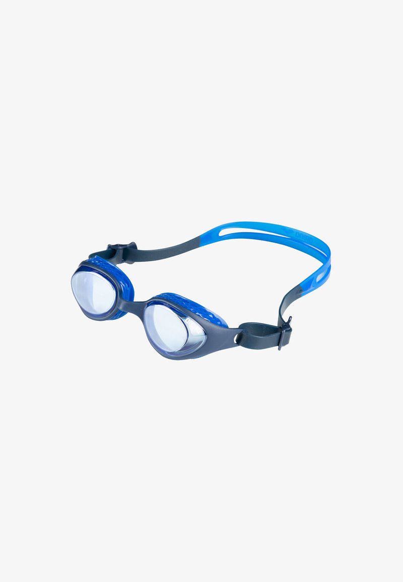 Zwemgoggles met heldere lenzen, een blauw en grijs siliconen frame. Voorzien van een verstelbare band met textuuraccenten voor een veilige pasvorm.