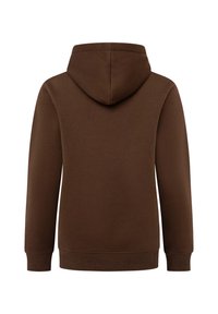 Brązowy hoodie z przestronnym kapturem, długimi rękawami, ściągaczami u mankietów i na dole oraz gładką, miękką teksturą. Widok z tyłu bez wzorów ani akcentów.