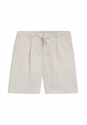 Short en lin beige avec passants pour ceinture, cordon de serrage à l'avant et poches latérales, présenté à plat sur fond blanc.
