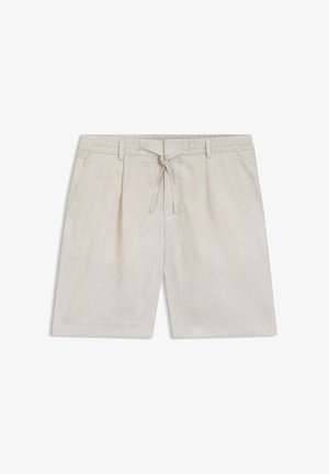 Short en lin beige avec passants pour ceinture, cordon de serrage à l'avant et poches latérales, présenté à plat sur fond blanc.