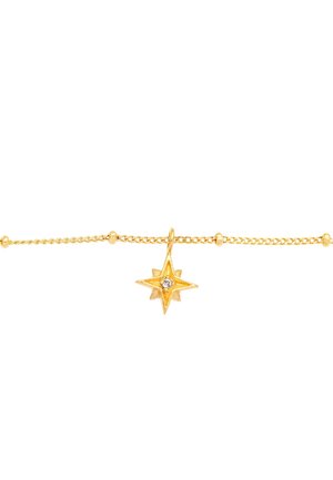 Gold chain bracelet with small beads and a star-shaped charm featuring a central sparkling gem.
