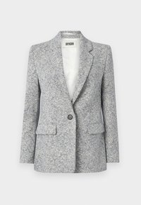 Világosszürke és kék textúrájú blazer, egygombos záródással, kivágott hajtókával és elülső zsebekkel. Szövet anyagból készült.