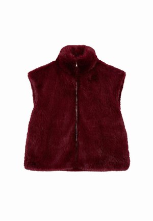 Burgundy fur vest with a high collar and zip closure. Features a soft, textured surface and sleeveless design.