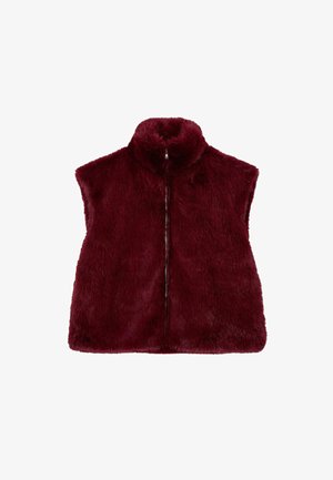 Burgundy fur vest with a high collar and zip closure. Features a soft, textured surface and sleeveless design.