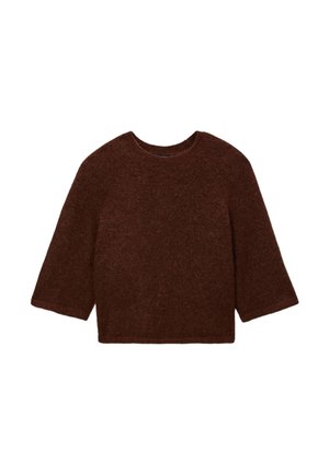Pull marron foncé en tissu duveteux avec manches larges et col rond, présenté à plat sur un fond blanc.
