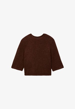 Pull marron foncé en tissu duveteux avec manches larges et col rond, présenté à plat sur un fond blanc.