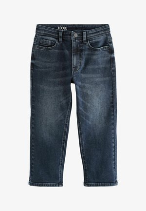 Sötétkék, laza szabású farmernadrág patentos és cipzáras rögzítéssel, elülső és aprópénztárca zsebekkel, valamint finom kopott hatású részletekkel.