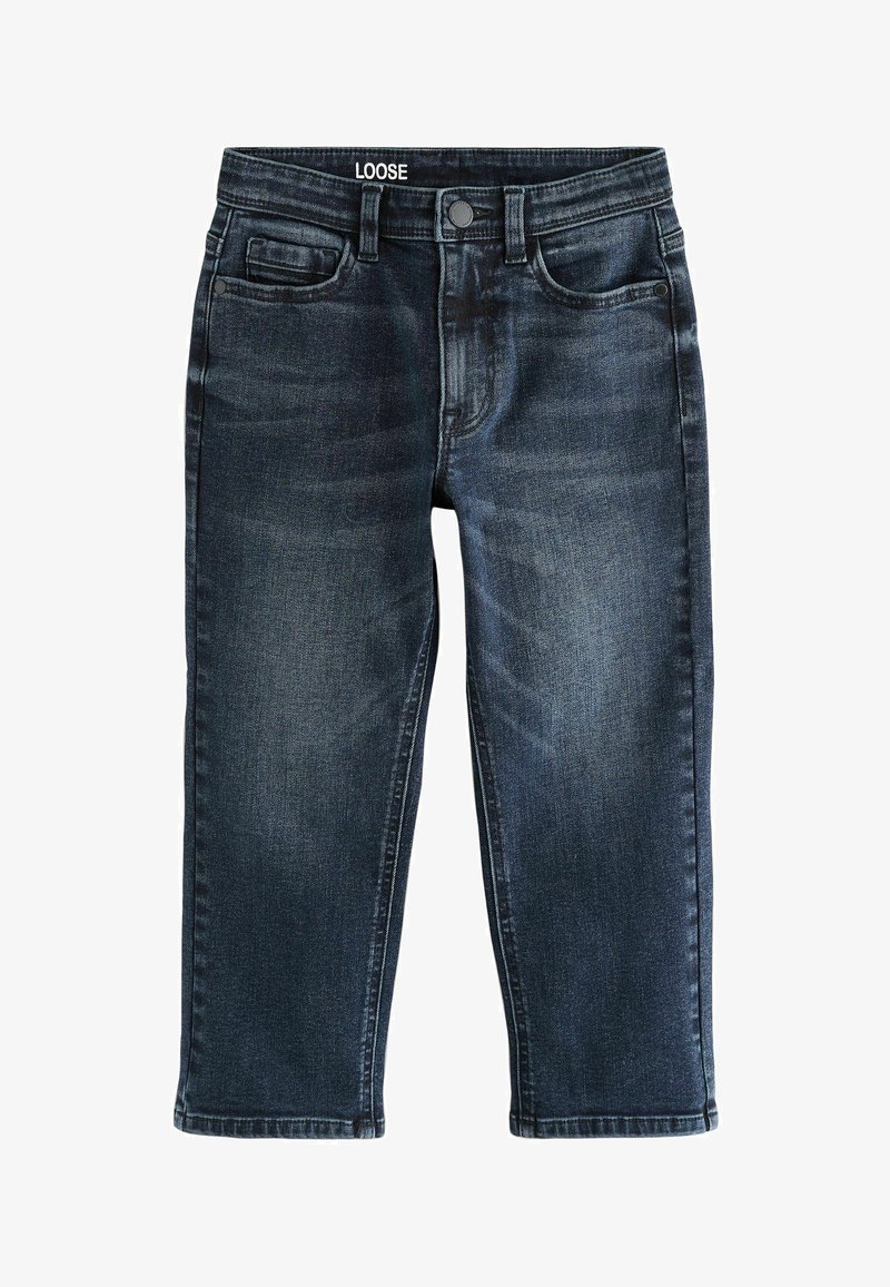 Dunkelblaue, locker sitzende Denim-Jeans mit Knopf- und Reißverschluss, Front- und Münztaschen sowie dezenten ausgewaschenen Details.