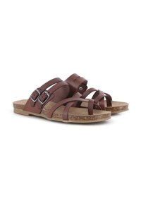 Sandalias de cuero marrón con múltiples correas y detalles de doble hebilla; la plantilla de corcho y la suela de goma ofrecen comodidad y durabilidad.
