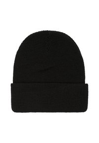 Black knitted beanie with ribbed texture and a folded cuff. Features a seamless top and elastic material for a snug fit.