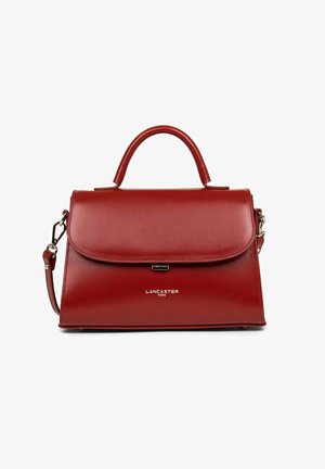 Borsa a tracolla rossa in pelle con design strutturato, parte superiore piatta e tracolla staccabile. Presenta un dettaglio con logo e una texture liscia.