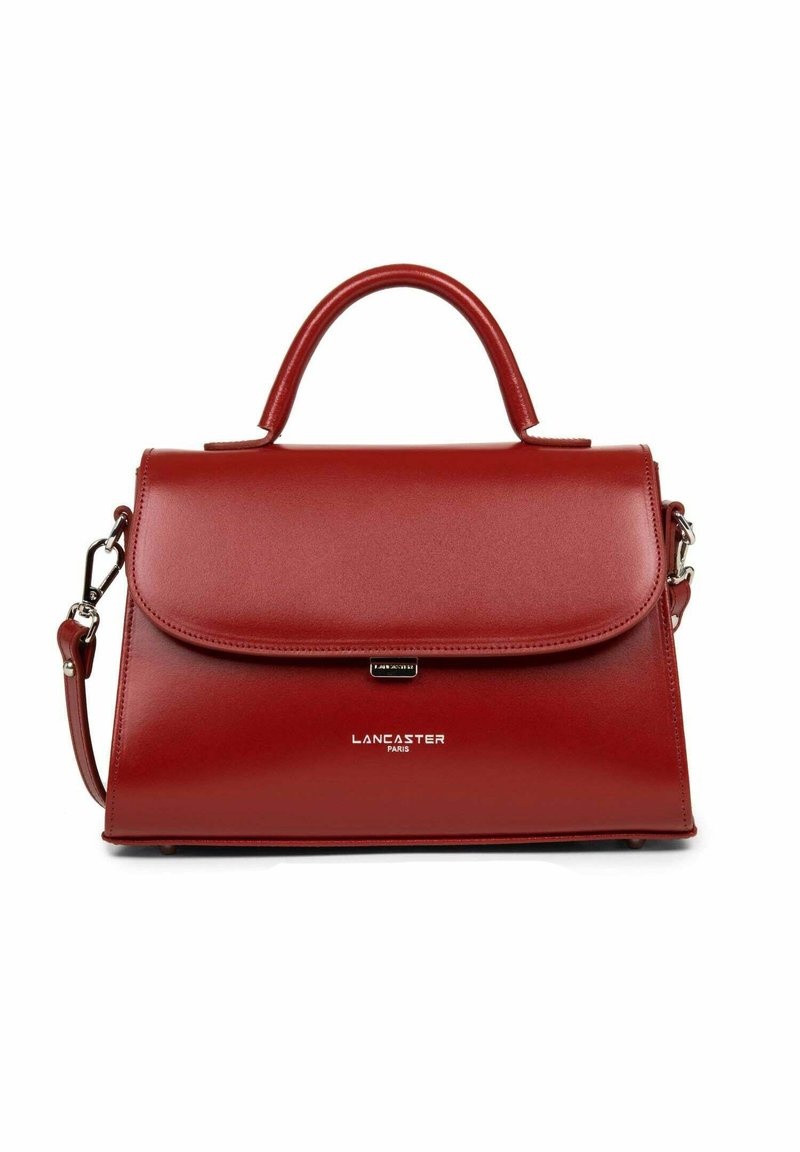Borsa a tracolla rossa in pelle con design strutturato, parte superiore piatta e tracolla staccabile. Presenta un dettaglio con logo e una texture liscia.
