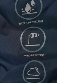 Marineblauer Stoff mit drei kreisförmigen Symbolen: Wassertropfen, Windflagge und Wolke, beschriftet mit "WASSERABWEISEND", "WINDDICHT" und einem nicht näher bezeichneten Wettermerkmal.