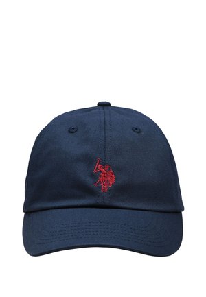 Navy blue baseball cap with a red embroidered figure of a polo player holding a mallet centered on the front panel.