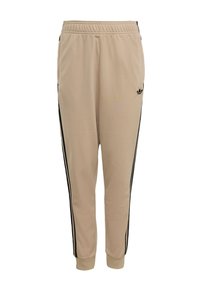 Beige athletic joggers with an elastic waistband, black side stripes, and cuffed ankle details. Crafted from a smooth, lightweight fabric.
