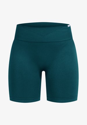 Teal træningsshorts med en bred, ribbet talje. Lavet af et glat, strækbart stof, med en tætsiddende pasform og længde til midt på låret.