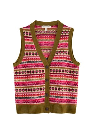 Gilet multicolore avec décolleté en V, orné de rayures roses, vertes et noires, comportant cinq boutons marron et une bordure texturée vert olive.