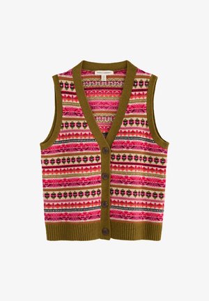 Gilet multicolore avec décolleté en V, orné de rayures roses, vertes et noires, comportant cinq boutons marron et une bordure texturée vert olive.