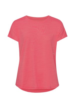 Camiseta ligera de color rosa con mangas cortas, escote redondeado y dobladillo curvado. La tela presenta una textura sutil.