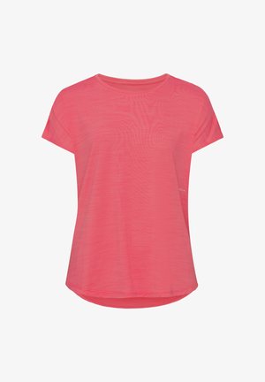 Camiseta ligera de color rosa con mangas cortas, escote redondeado y dobladillo curvado. La tela presenta una textura sutil.