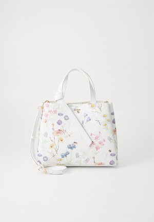 Sac à main floral blanc avec des motifs de fleurs sauvages multicolores, en cuir, deux anses supérieures et une bandoulière amovible. Accents en matériel doré.