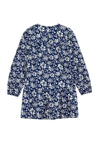 Tumši zils kleita ar garām piedurknēm un savāktu svārku, ar baltu ziedu rakstu un pogu aizdari aizmugurē.