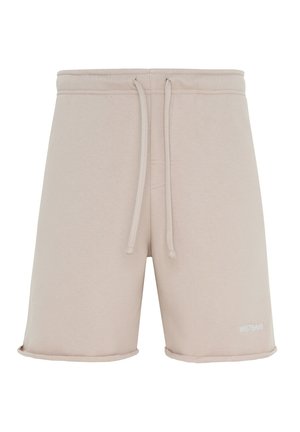 Beige knielange shorts met elastische tailleband, vooraan trekkoorden en klein wit logo op het onderste linkerbeen.
