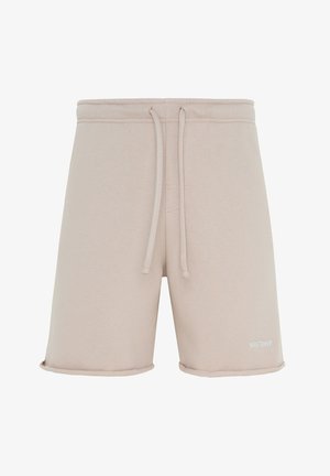 Beige knielange shorts met elastische tailleband, vooraan trekkoorden en klein wit logo op het onderste linkerbeen.