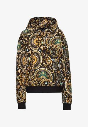 Kapuzensweatshirt aus schwarzem Stoff mit einem kunstvollen goldenen und grünen Muster, ausgestattet mit einem verkürzten Design sowie gerippten Bündchen und Saum.