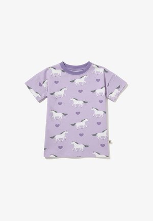 Dziecięcy lawendowy t-shirt z krótkim rękawem z białym koniem i fioletowymi sercami oraz prążkowanym okrągłym dekoltem.