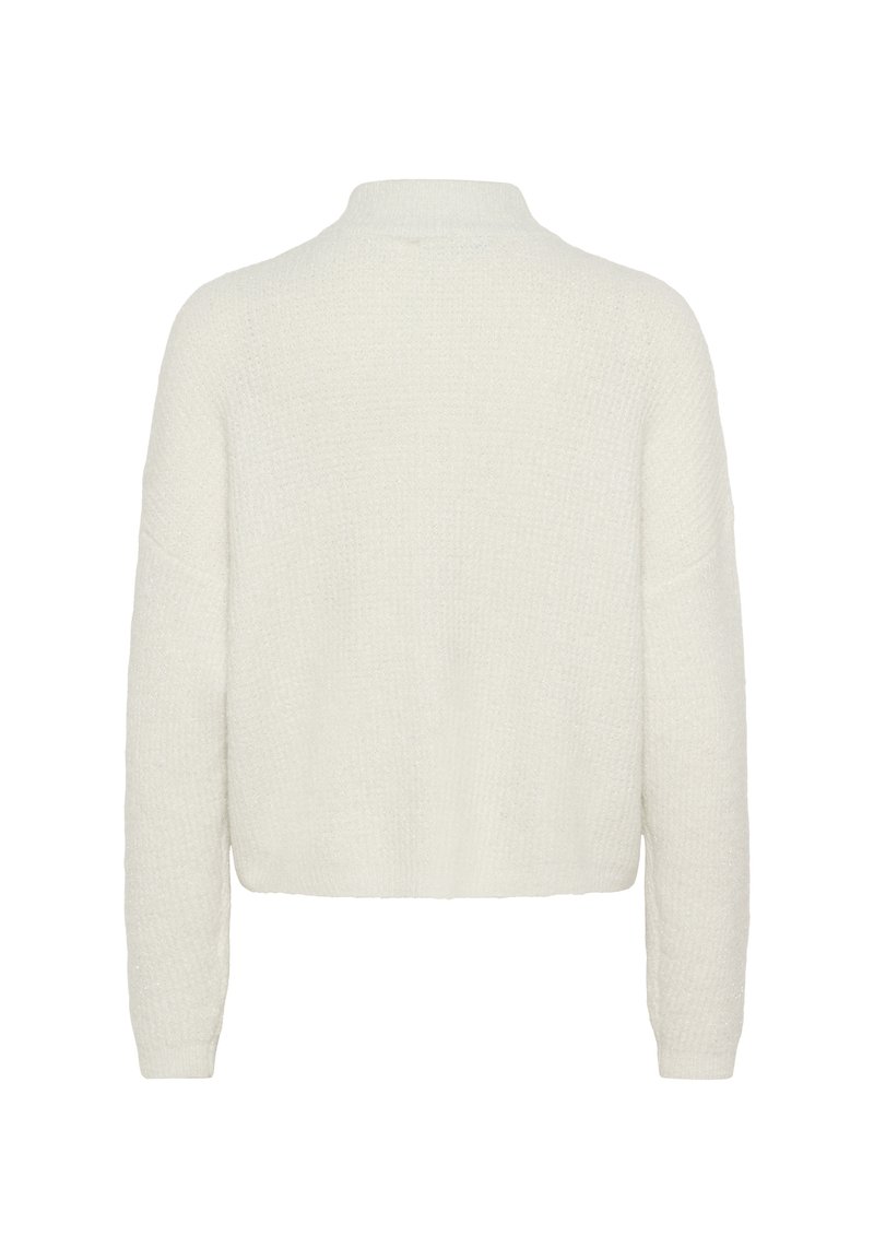 Pull court en crème avec un tricot doux et texturé. Présente un petit col et des manches longues avec des poignets à côtes.