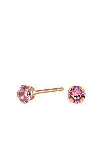 Różowe kryształowe kolczyki wkrętki z metalową oprawą w kolorze złotym. O okrągłym kształcie, z detalami mocowania na ząbkach oraz gładkim, wypolerowanym wykończeniem.