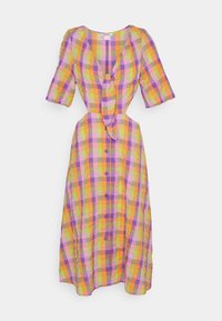 Vestido midi xadrez em roxo, laranja e verde. Apresenta mangas curtas em balão, decote em V, botões frontais e um laço na cintura.