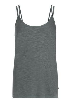 Graues Trägertop mit dünnen Trägern, das aus einem weichen, strukturierten Stoff besteht. Einfaches Design mit rundem Ausschnitt und geradem Saum.