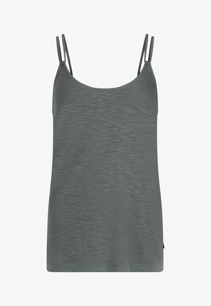 Szary top na ramiączkach z cienkimi paskami, wykonany z miękkiego, teksturowanego materiału. Prosty design z okrągłym dekoltem i prostym dołem.