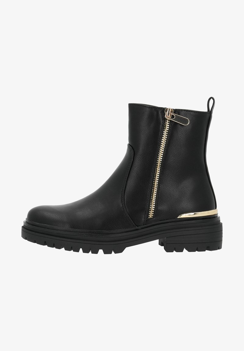 Bottine noire à la cheville avec semelle épaisse, fermeture éclair latérale dorée et accent doré au talon, en cuir lisse.