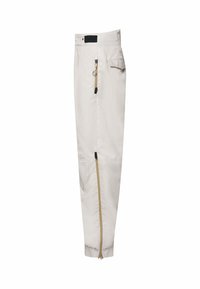 Helle beigen Hose mit lockerer Passform, ausgestattet mit einem seitlichen Reißverschluss, elastischen Bündchen und einer Gesäßtasche, aus einem leichten, glatten Stoff gefertigt.