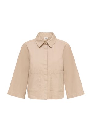 Giacca beige in cotone con collo a risvolto, quattro tasche e maniche a tre quarti. Design semplice senza motivi o accessori aggiuntivi.