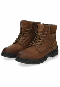 Bottines en cuir marron avec une finition texturée, un design à lacets et des semelles en caoutchouc. Comprend un col rembourré et des coutures contrastées.