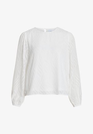 Balta garām piedurknēm blūze ar smalku viļņotu tekstūru, apaļš dekoltē un pogu aizdare aizmugurē.