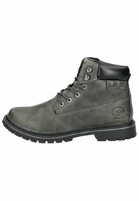 Botte chelsea en cuir gris avec accents noirs, semelle en caoutchouc et œillets en métal. Présente un bout rond et une surface texturée.