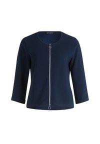 Navy zip-up jacket with three-quarter sleeves, round neckline, textured fabric, and circular zipper pull, featuring a tailored fit.