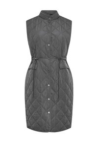 Gilet grigio trapuntato con collo alto, chiusura con bottoni a pressione, vita regolabile con cordino e due tasche frontali. Tessuto in nylon liscio.