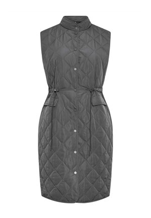 Gequilted grijze vest met een hoge nek, knopsluiting, verstelbare trekkoord taille en twee voorzakken. Glad nylontextuur.